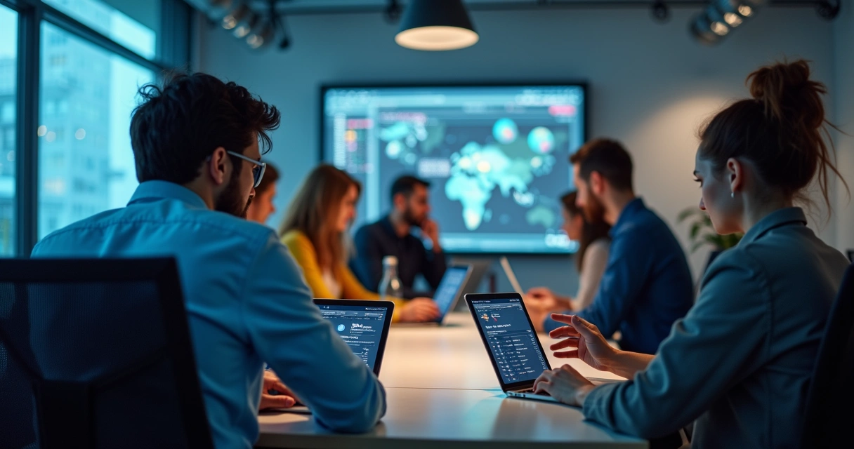 Colaboradores assistindo conteúdo de treinamento online em tablets e computadores