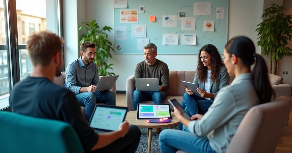 Colaboradores em círculo usando tablets em treinamento online corporativo 