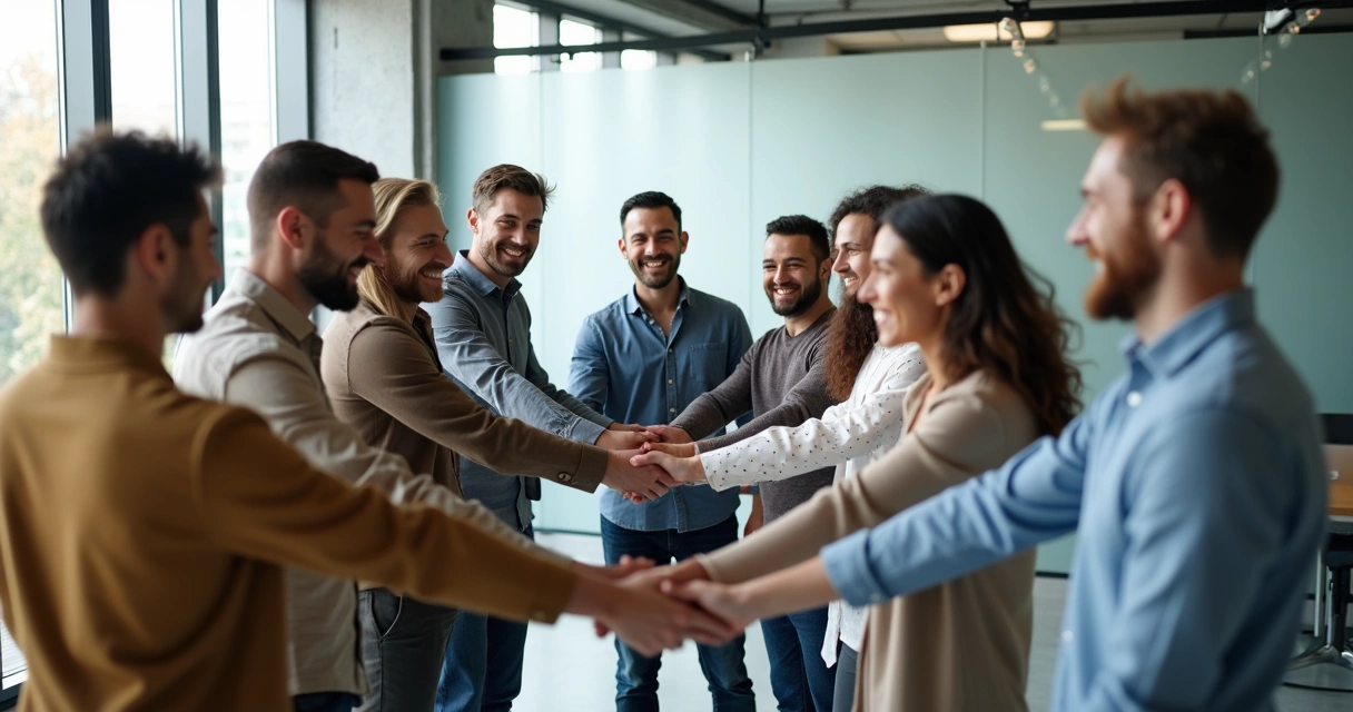 Colaboradores de mãos dadas simbolizando união em ambiente de escritório 