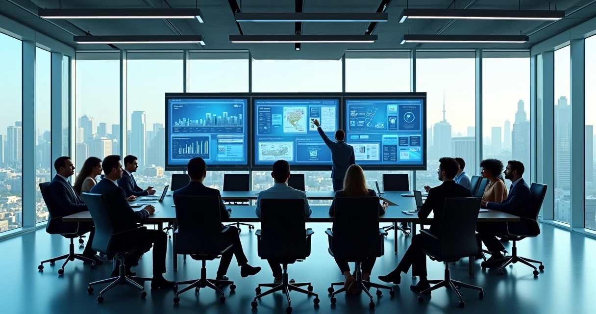 Colaboradores em uma sala de treinamento digital corporativo discutindo em frente a telas interativas 