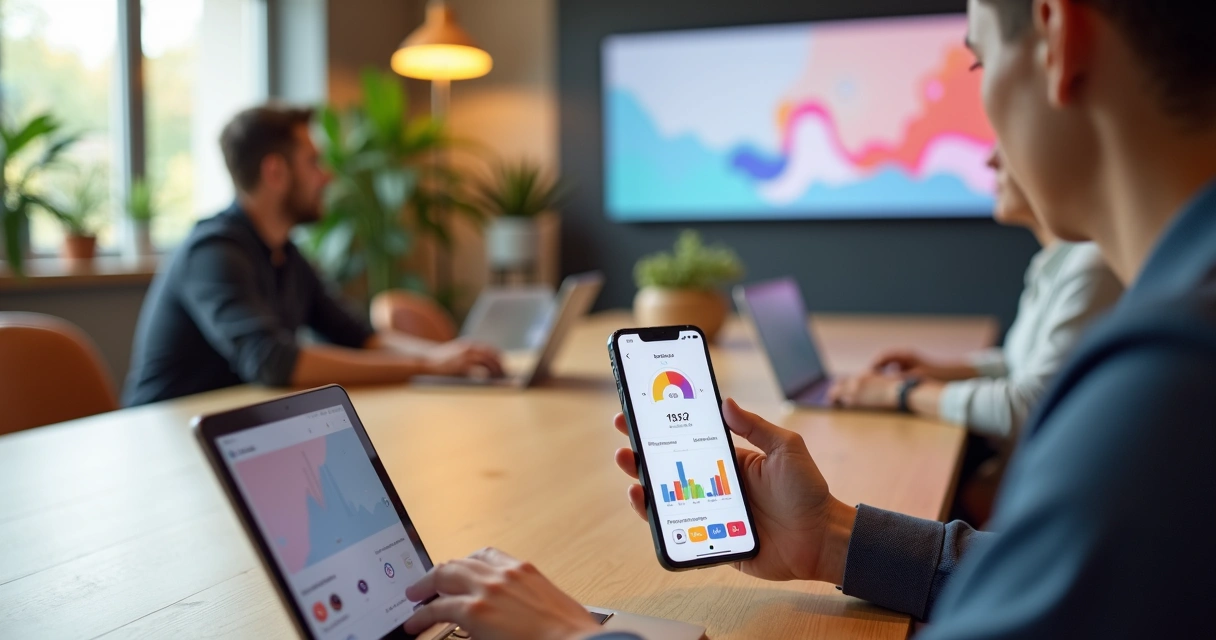 Colaboradores usando aplicativo de bem-estar em telas digitais coloridas 