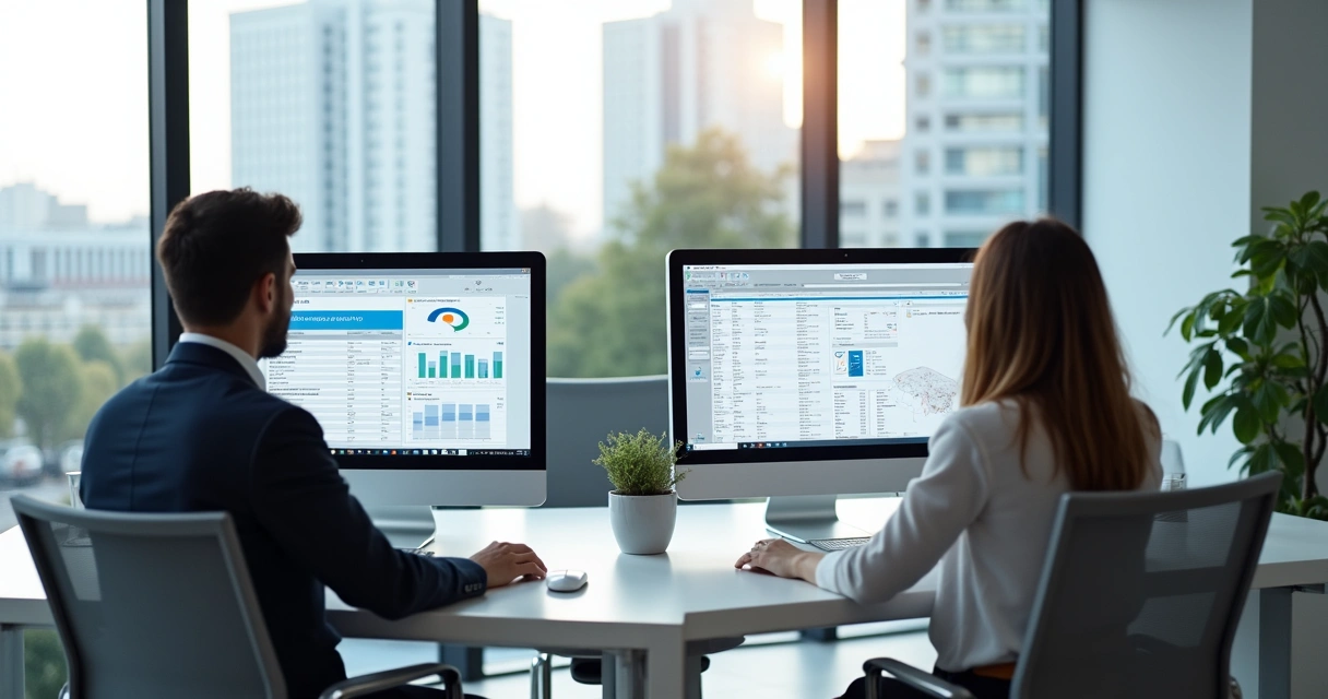 Colaboradores trabalhando juntos em computadores com software ERP 
