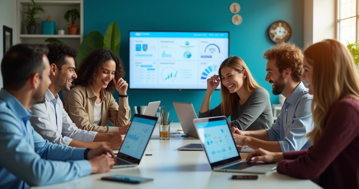 Colaboradores em volta de uma mesa usando um sistema no-code em tablets e notebooks 