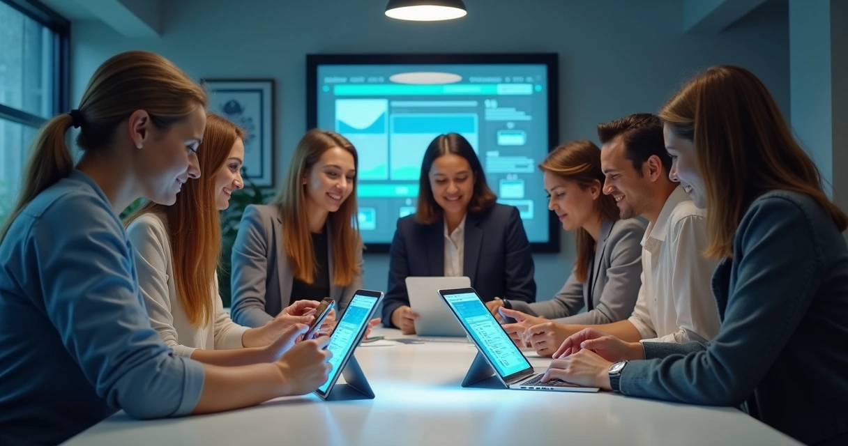 Colaboradores ao redor de mesa utilizando canal de denúncias digital 