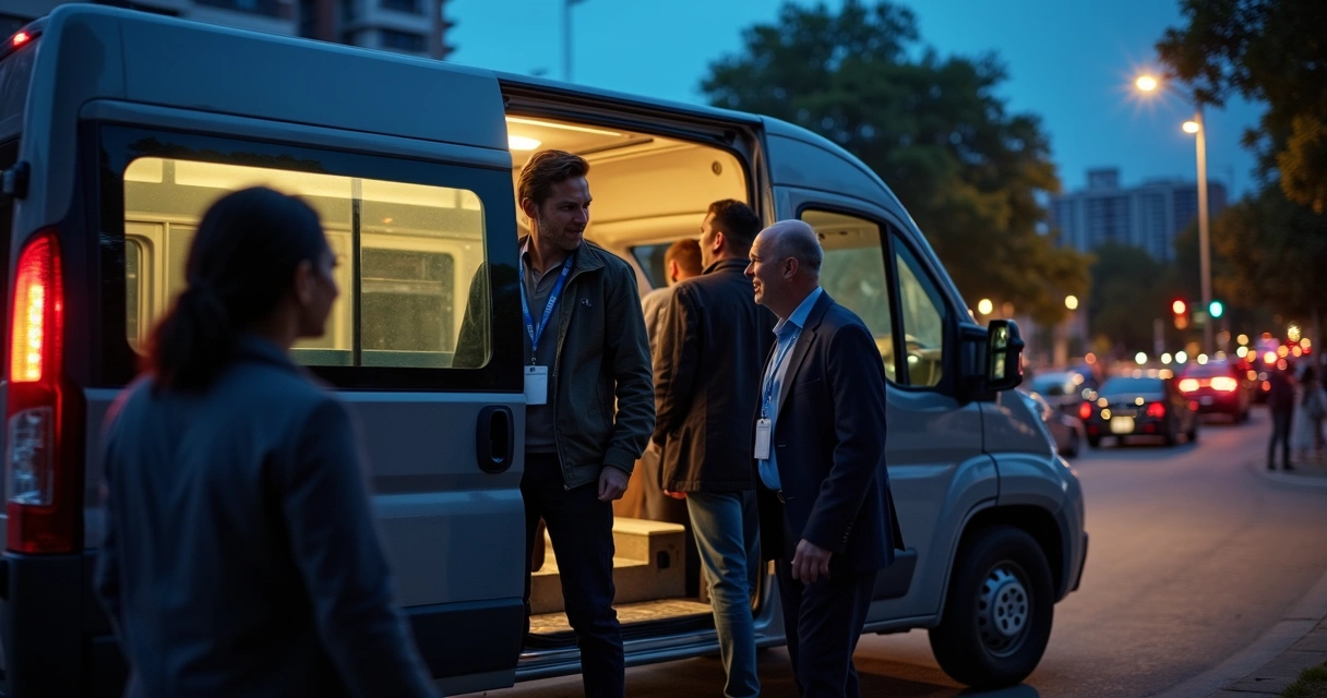 Colaboradores entrando em van de transporte à noite 
