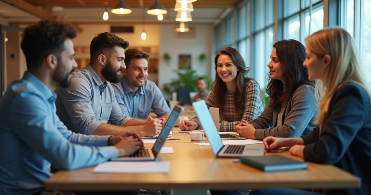 Colaboradores reunidos em ambiente de trabalho aberto