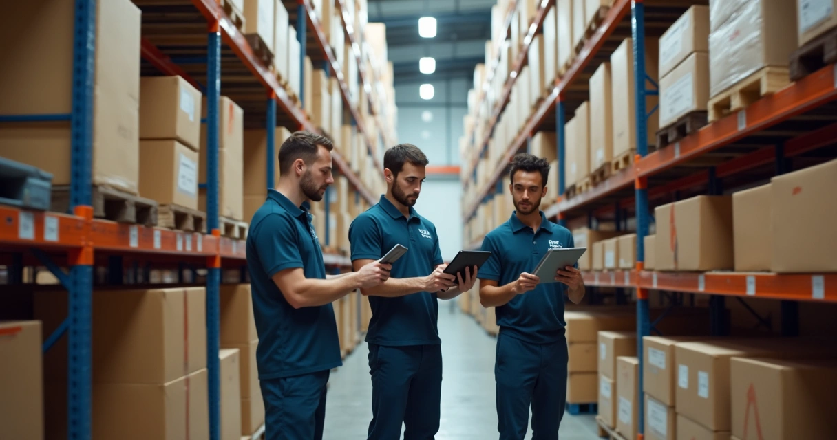 Colaboradores conferindo estoque com tablets 