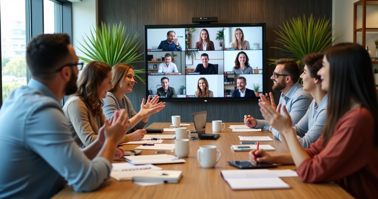Colaboradores em videoconferência ao redor de uma mesa de reunião 