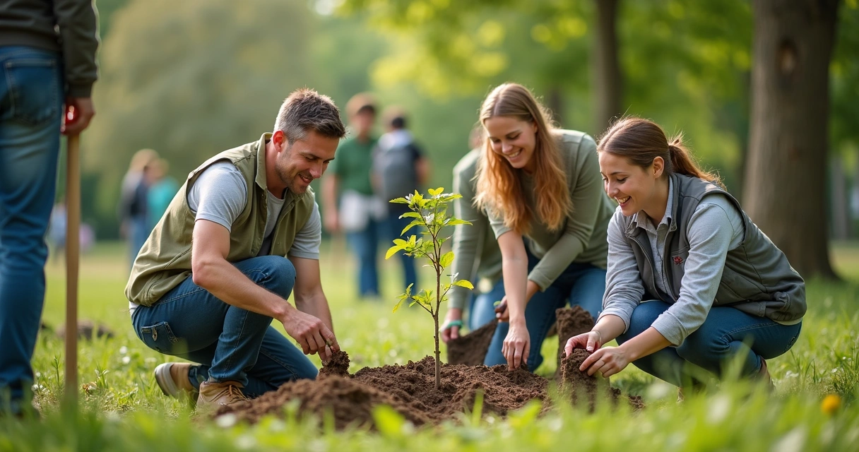 Colaboradores de empresa participando de ação voluntária ao ar livre.