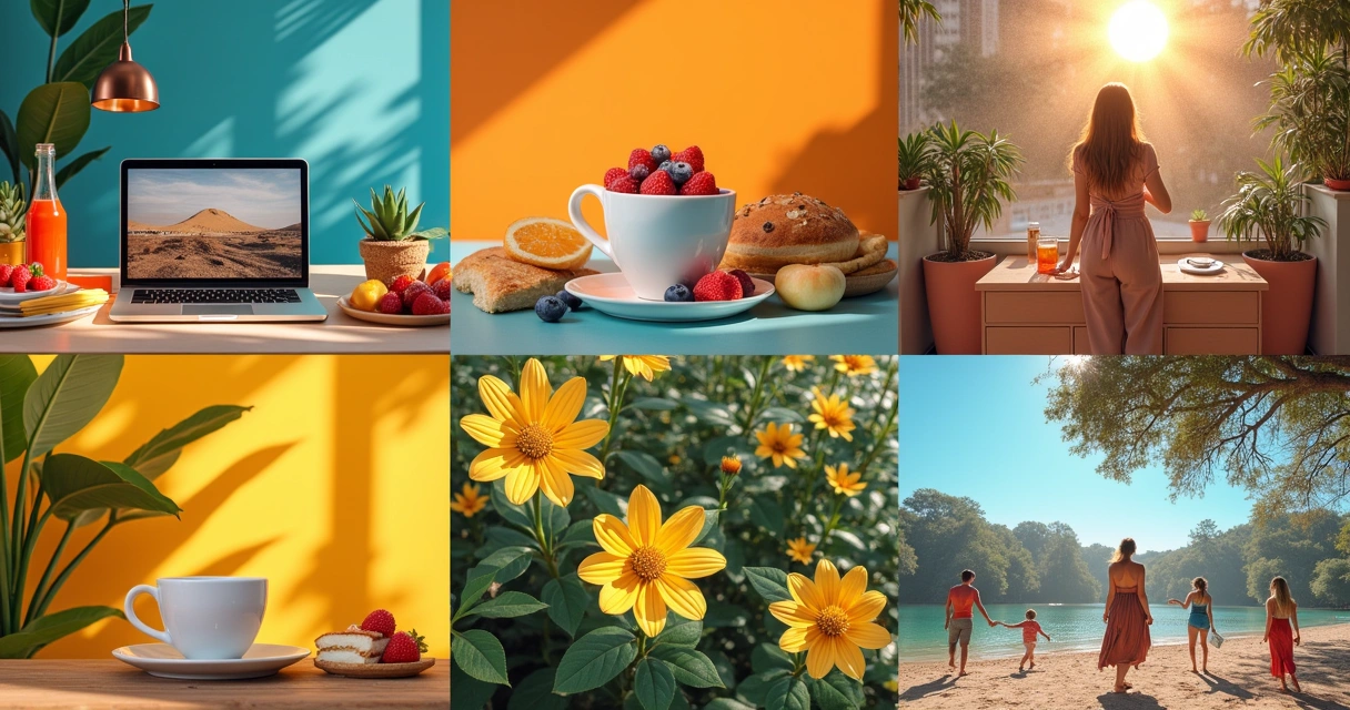 Colagem de fotos criativas para Instagram, incluindo café da manhã, espaço de trabalho, look do dia, flores e natureza.
