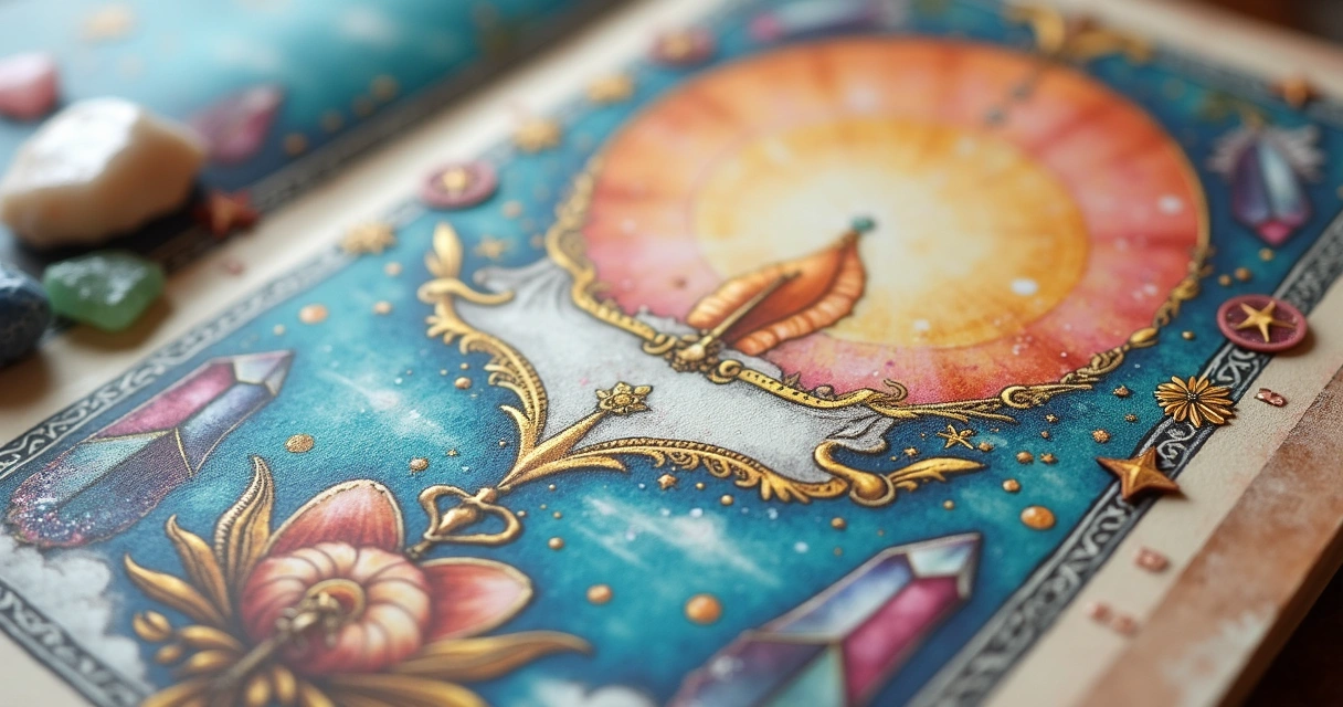 Página de diário visual repleta de colagens com elementos do tarot, papel colorido e ilustrações esotéricas 