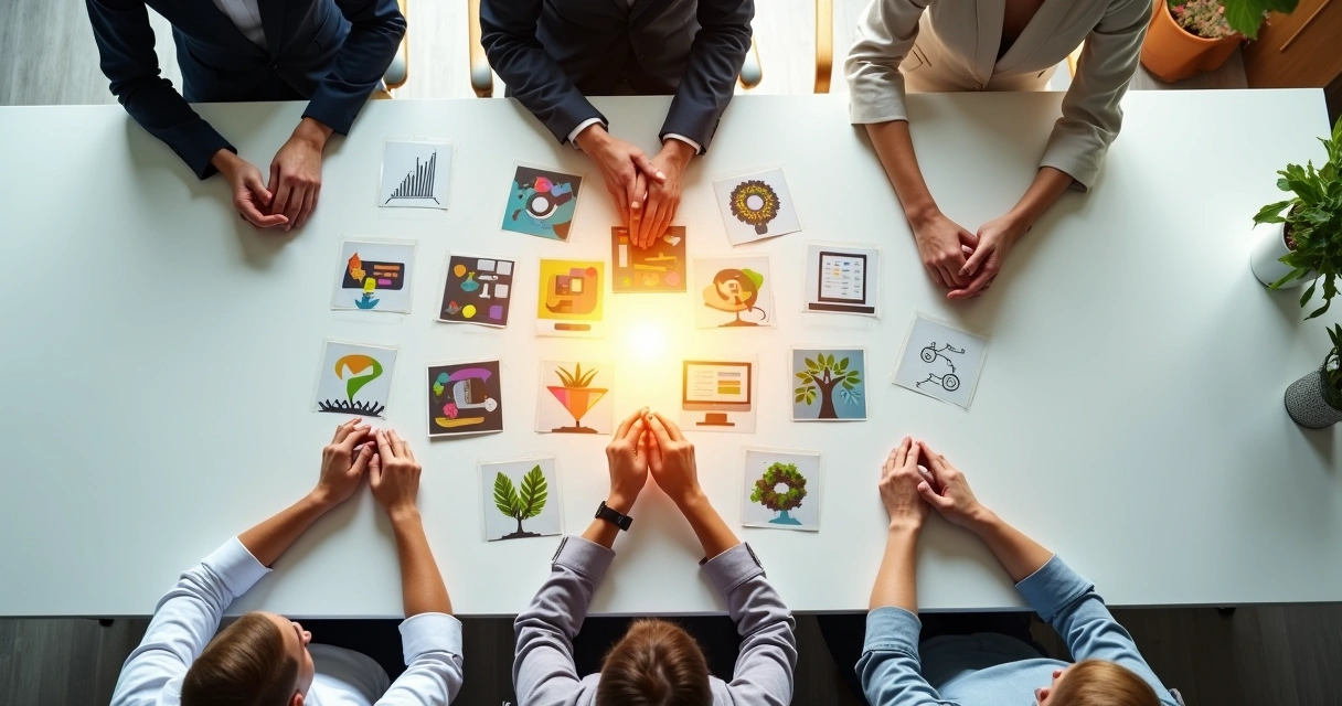 Equipe em escritórios sobre colagem de símbolos de gerações diferentes 