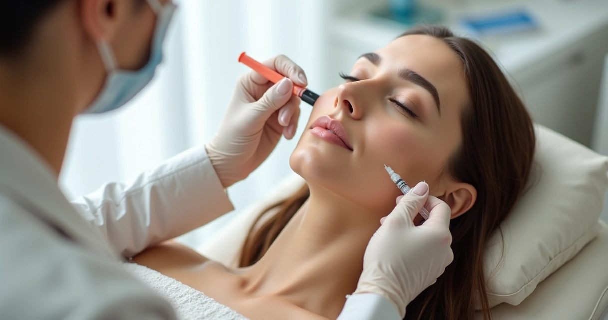 Profissional aplicando colágeno injetável no rosto de mulher adulta em clínica moderna 