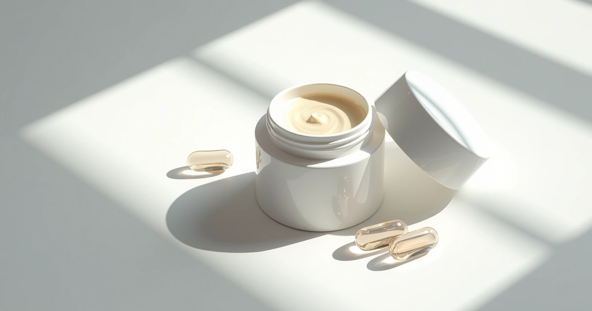 Frasco de creme para o rosto e cápsulas de colágeno sobre superfície branca e iluminada 