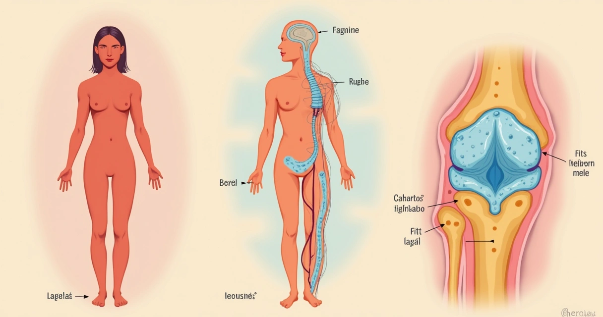 Ilustração do colágeno mostrando sua função na pele e articulações, com alimentos ricos em vitamina C ao fundo.