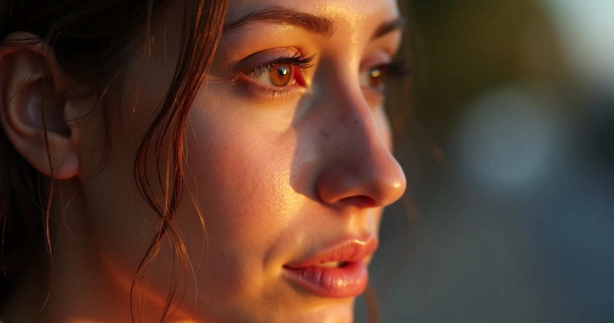 Rosto feminino com pele luminosa, colágeno visível em ilustração de luz 
