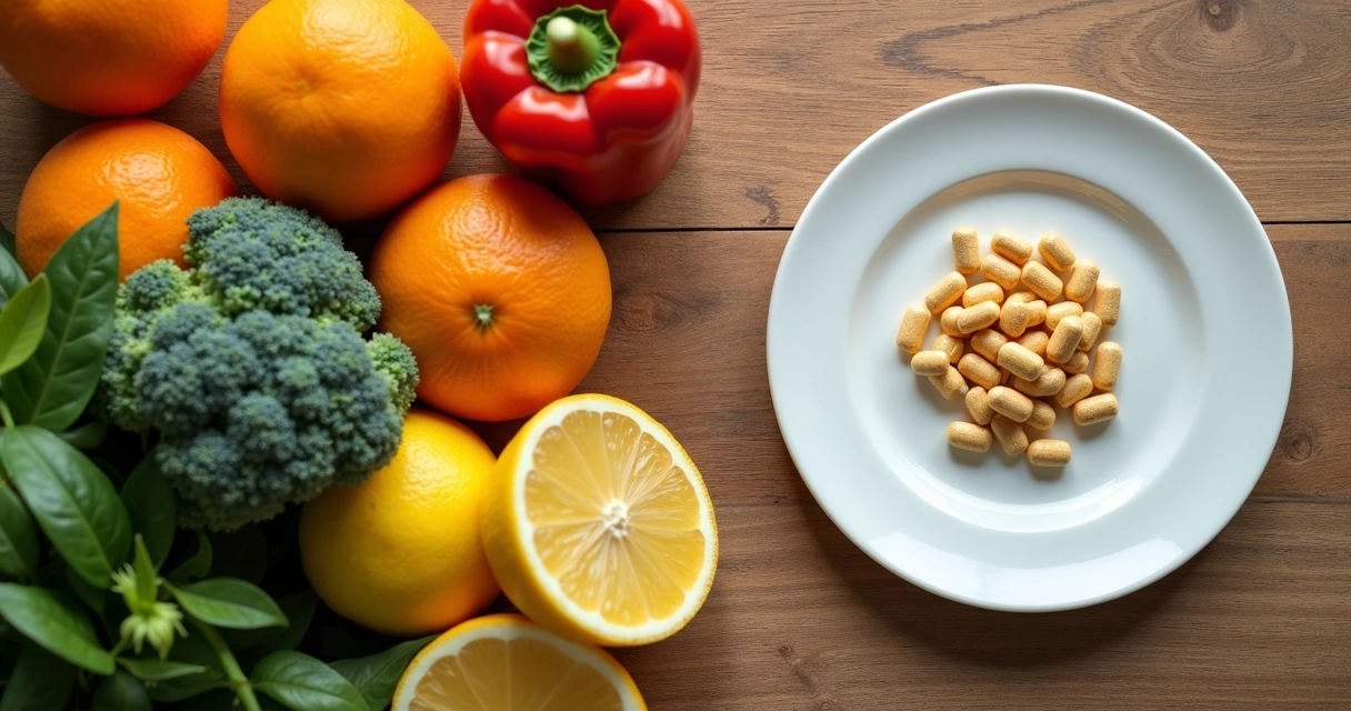 Frutas e vegetais fontes de vitamina C perto de cápsulas de colágeno