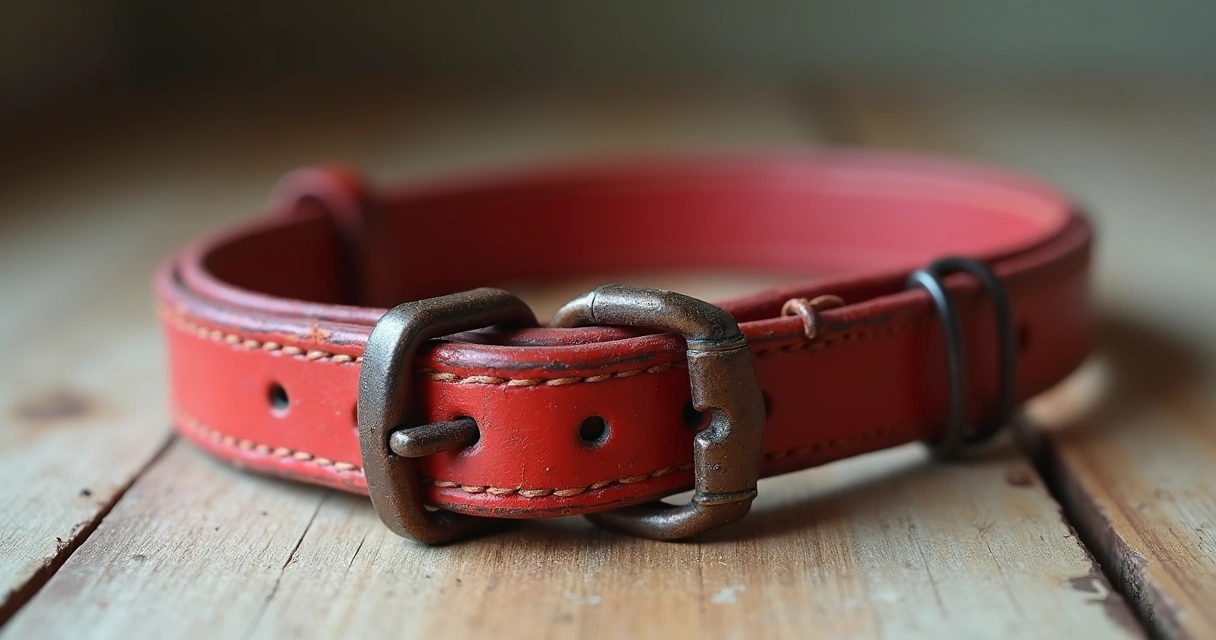 Colar vermelho de cachorro desbotado e desfiado, sobre mesa de madeira clara 