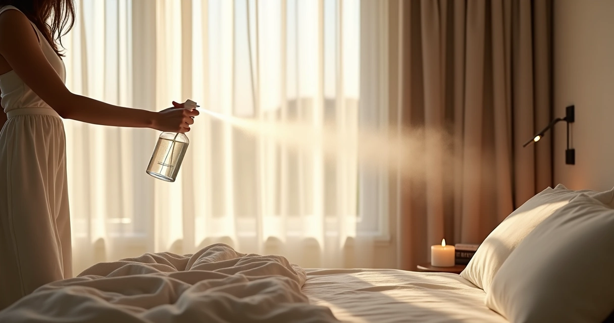 Pessoa borrifando aroma em cortina próxima à cama 