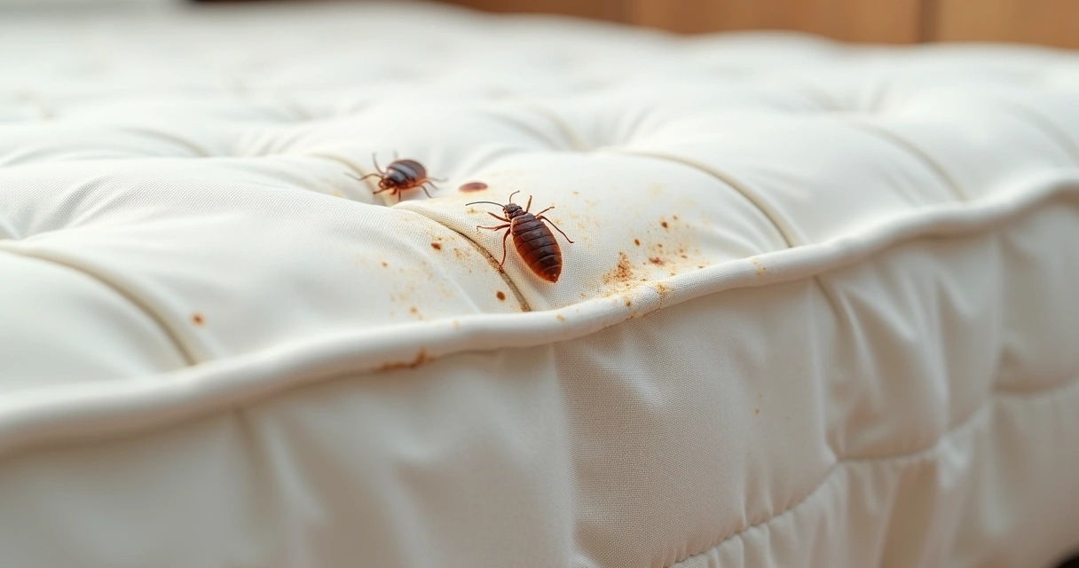 Dedetização de percevejos de cama: técnicas e prevenção eficazes 1 Colchão com sinais de percevejos de cama, manchas escuras e pontos vermelhos no lençol