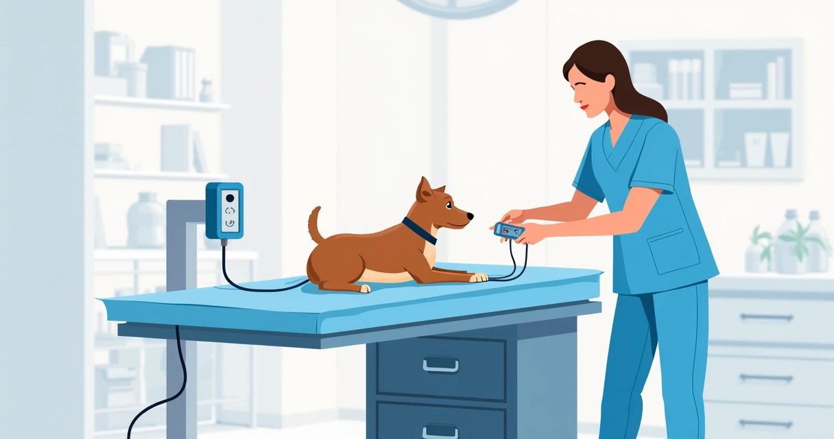 Colchão térmico veterinário com animal deitado e veterinário ajustando controles 