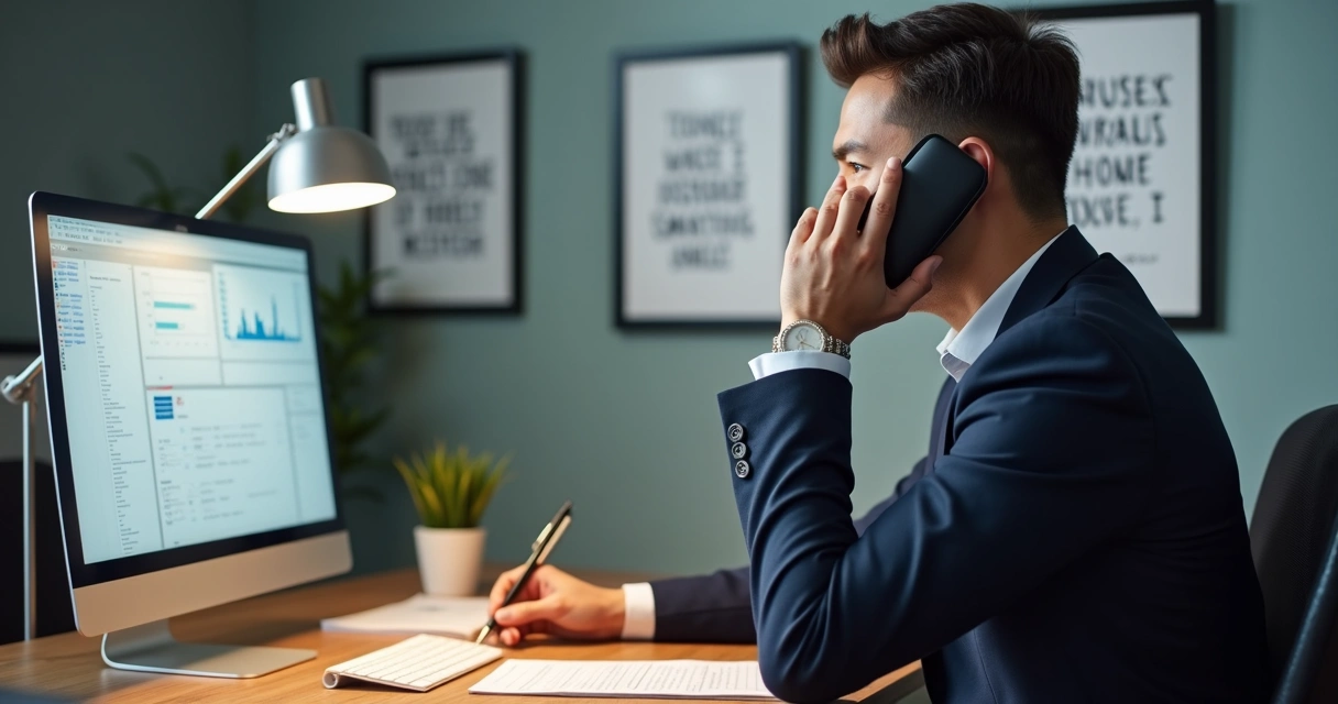 Executivo fazendo chamada cold call no escritório com computador e anotações 