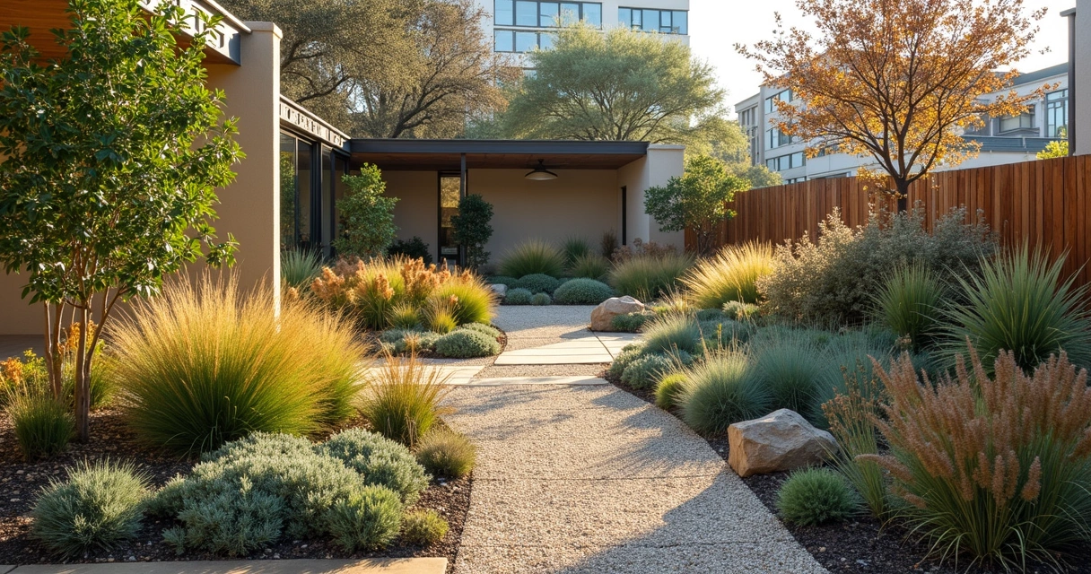 Variety of cold-hardy shrubs and grasses in Austin urban garden