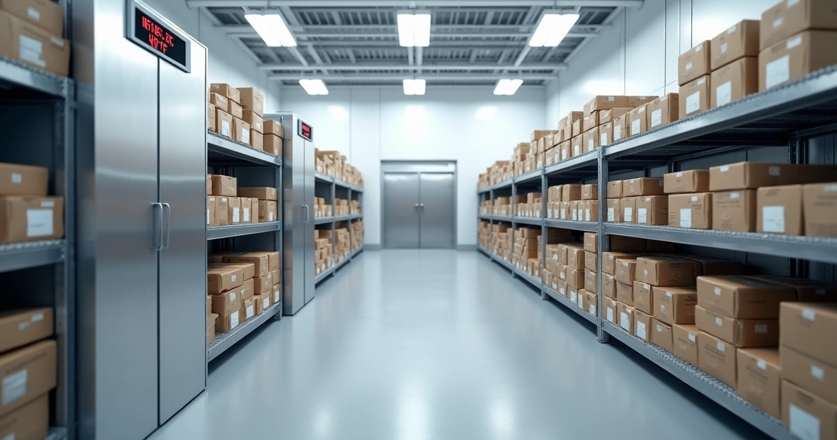 Industrial cold storage room with food supplies and temperature gauges 