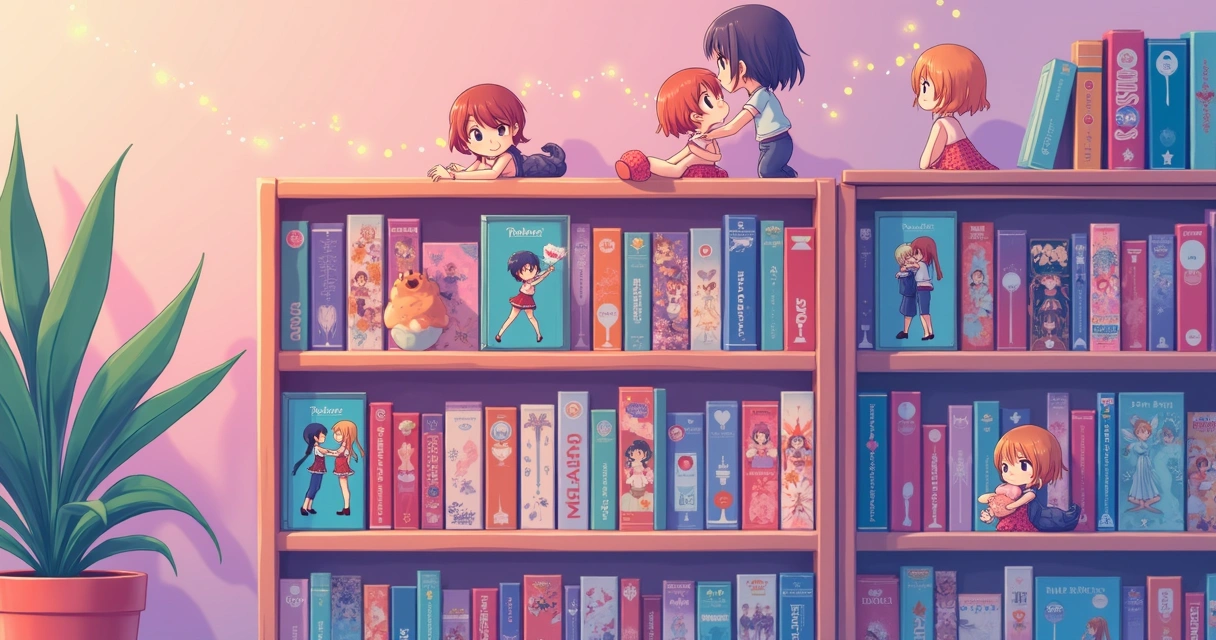 Coleção de animes GL em estante colorida 