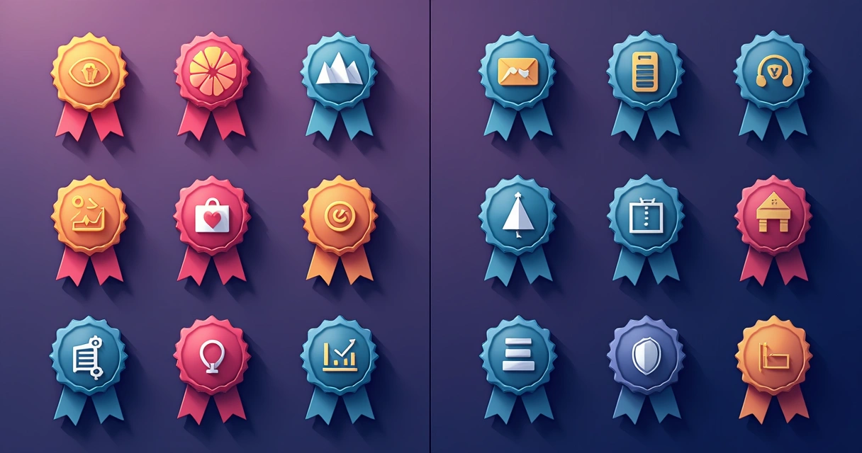 Vários badges coloridos de diferentes formatos exibidos em uma parede digital 