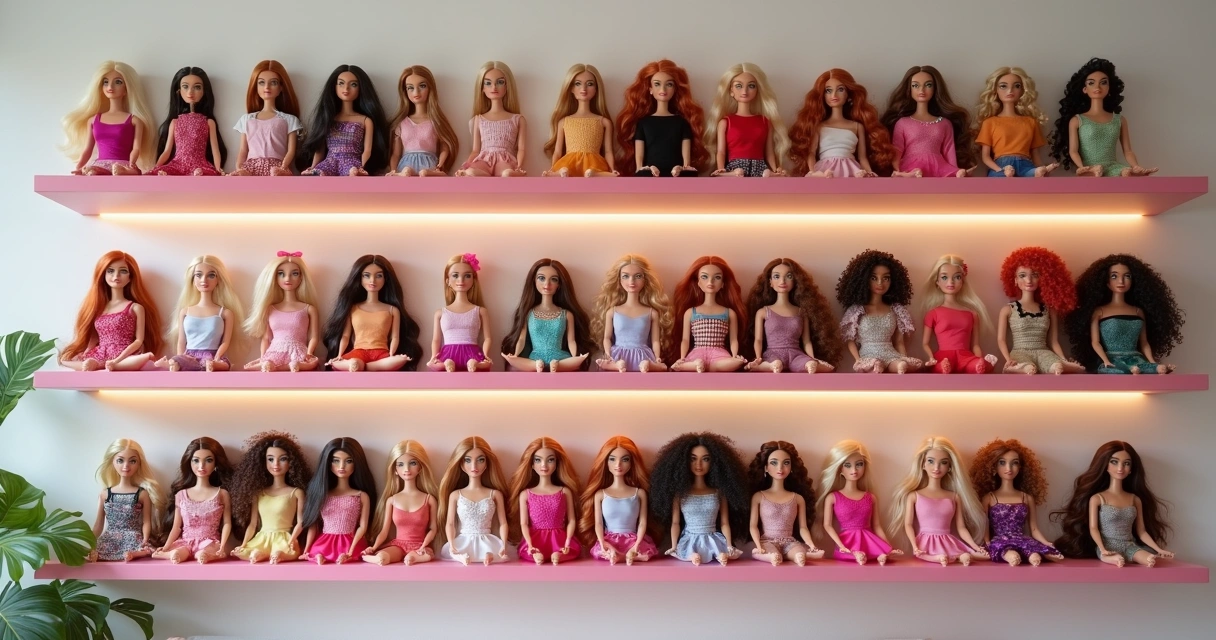 Prateleira com Barbies de diferentes estilos e épocas, organizadas por cor de roupa 