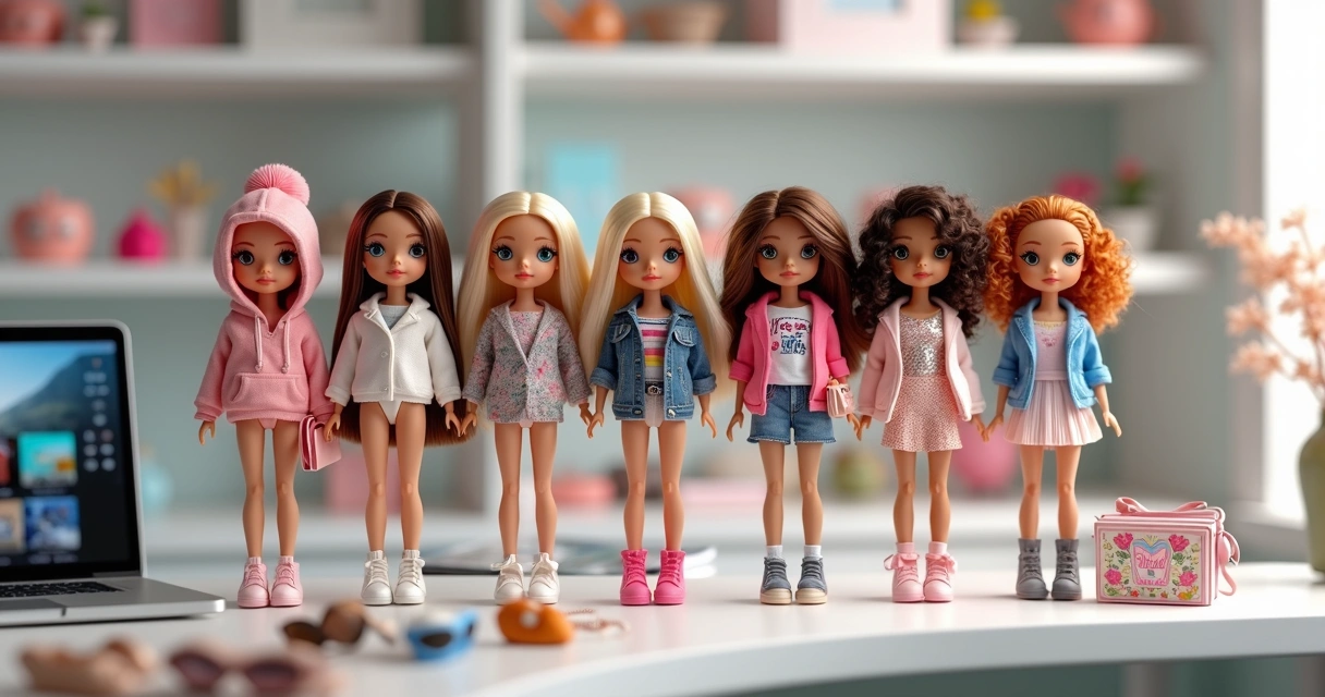 Coleção de bonecas em prateleira com outfits variados e coloridos 