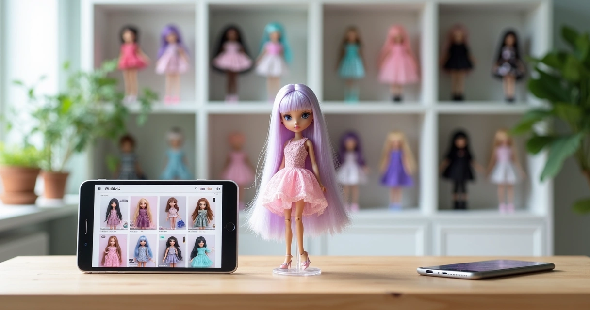 Coleção de bonecas Regrail organizadas em prateleiras com app de catalogação em destaque 