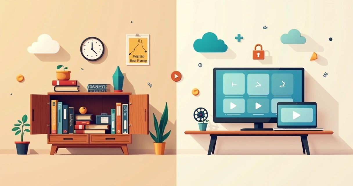 Comparação estilizada entre coleção digital e física de filmes antigos 