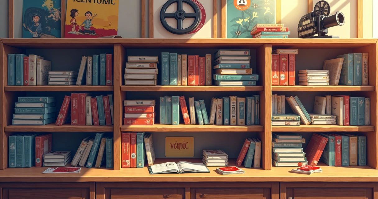 Coleções de filmes clássicos organizadas em uma estante moderna 