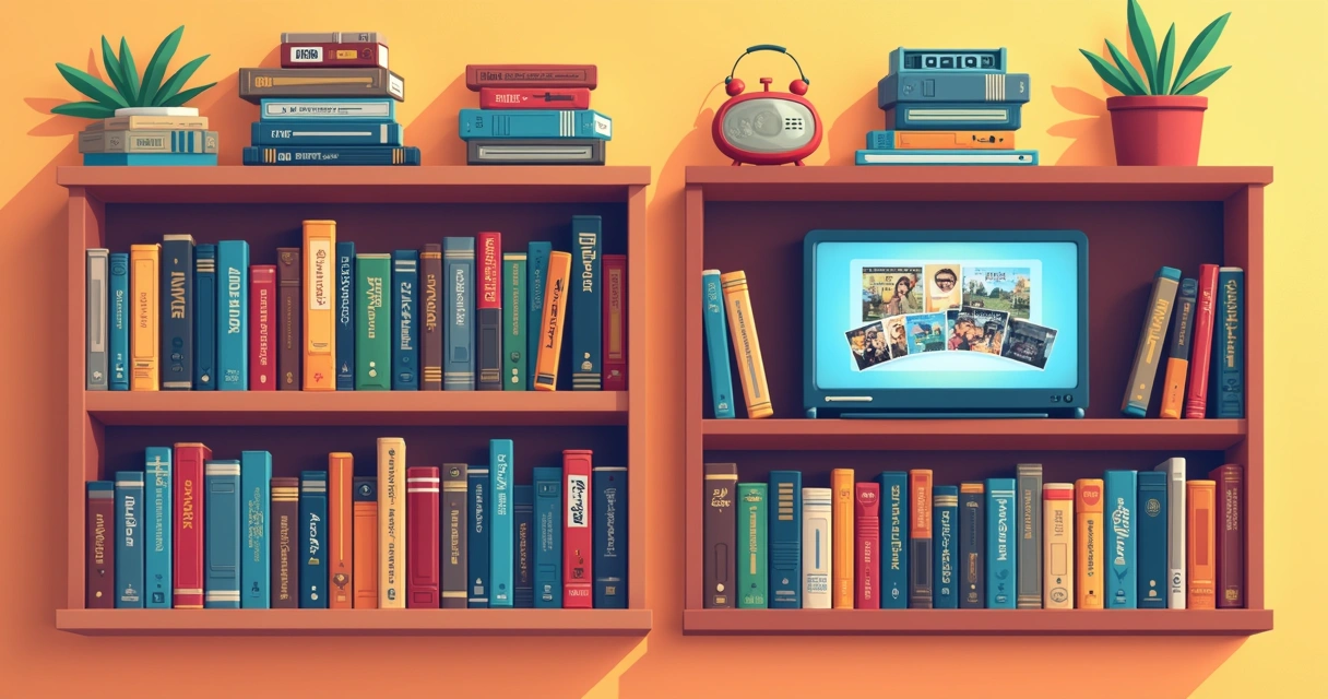 Duas prateleiras, uma cheia de mídias físicas de filmes antigos e outra com um tablet mostrando uma coleção digital de filmes 