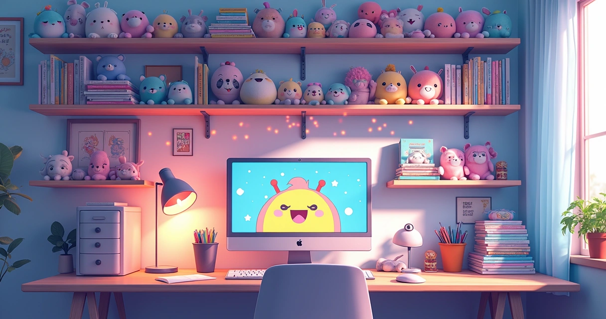 Coleção colorida de figures e objetos kawaii de anime em prateleiras