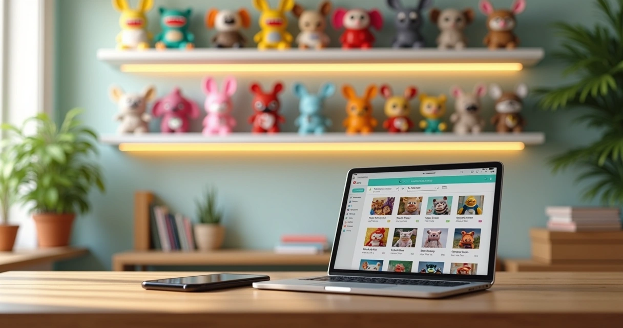 Coleção de bonecos Labubu Pop Mart organizada em prateleiras com app aberto ao lado 