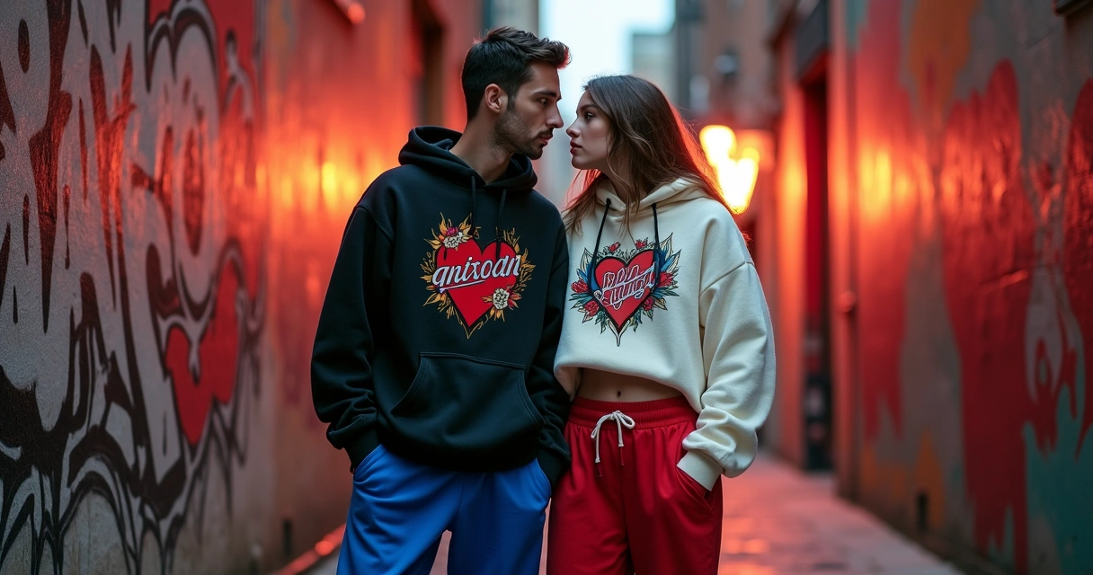 Casal usando streetwear Love That Burns posando em beco urbano com mural de coração e flores 