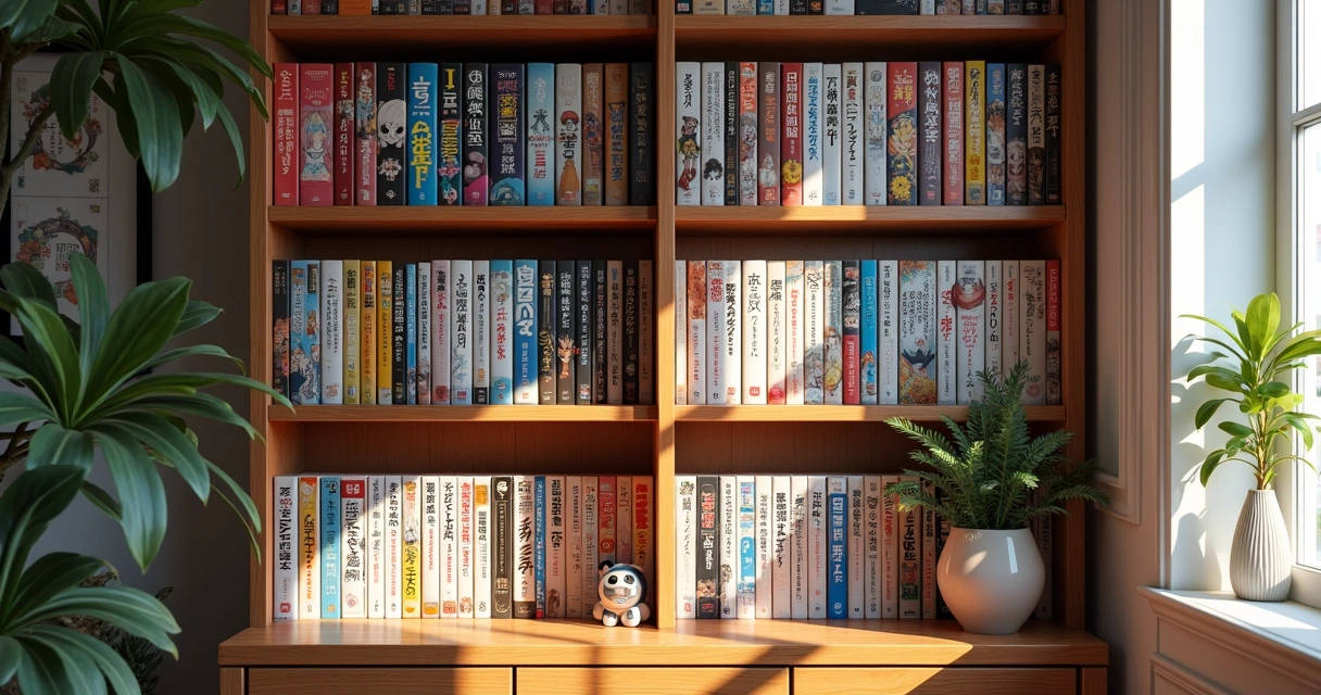 Coleção de mangás organizados em estante colorida e limpa 