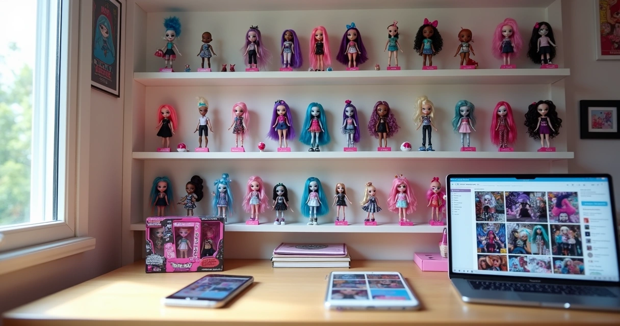 Coleção de bonecas estilo Monster High organizadas em estante colorida 