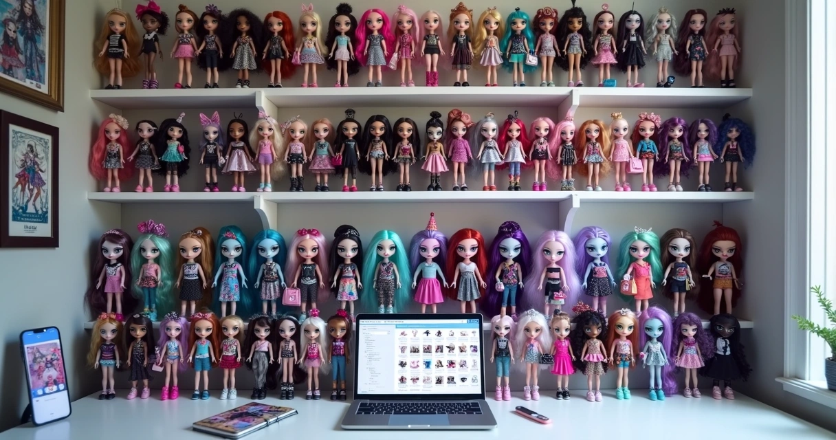 Coleção de bonecas Monster High organizadas em prateleiras coloridas 