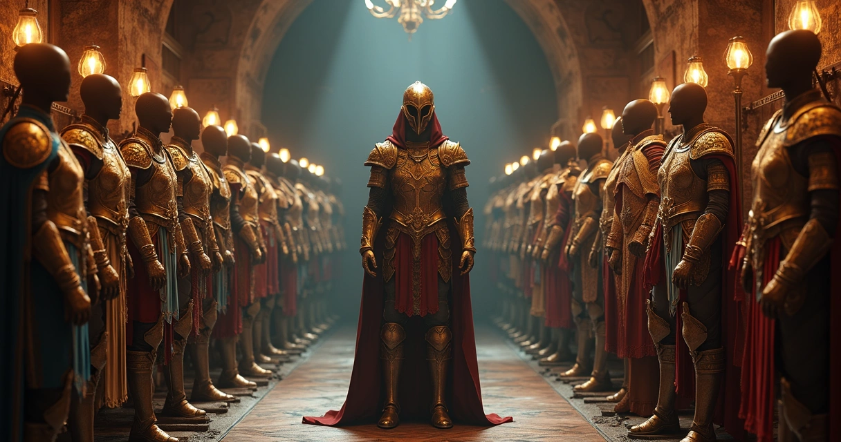 Personagem de Tibia exibindo vários outfits em sala coberta de troféus 