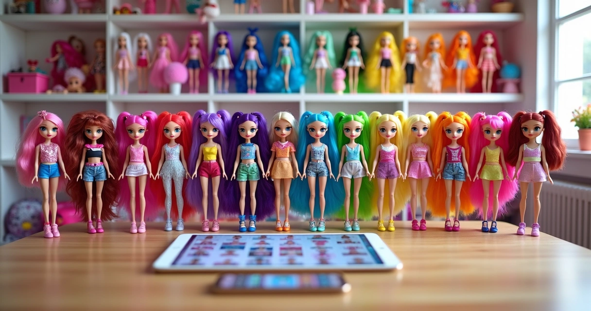 Coleção de bonecas Rainbow High coloridas organizadas em prateleiras 