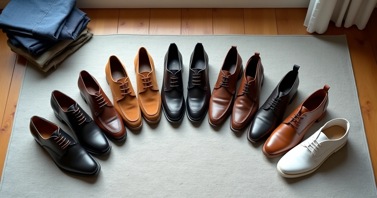 Vários tipos de sapatos masculinos em semicírculo sobre tapete neutro 