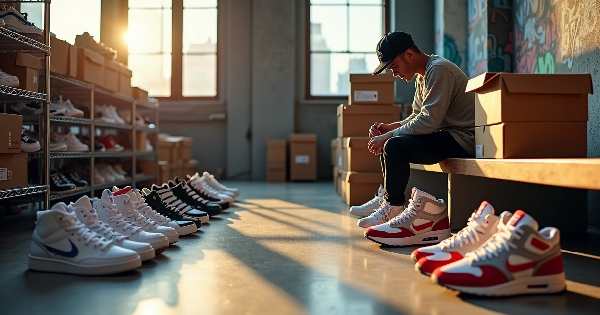 Coleção de tênis sneakerhead coloridos alinhados em cenário urbano moderno 