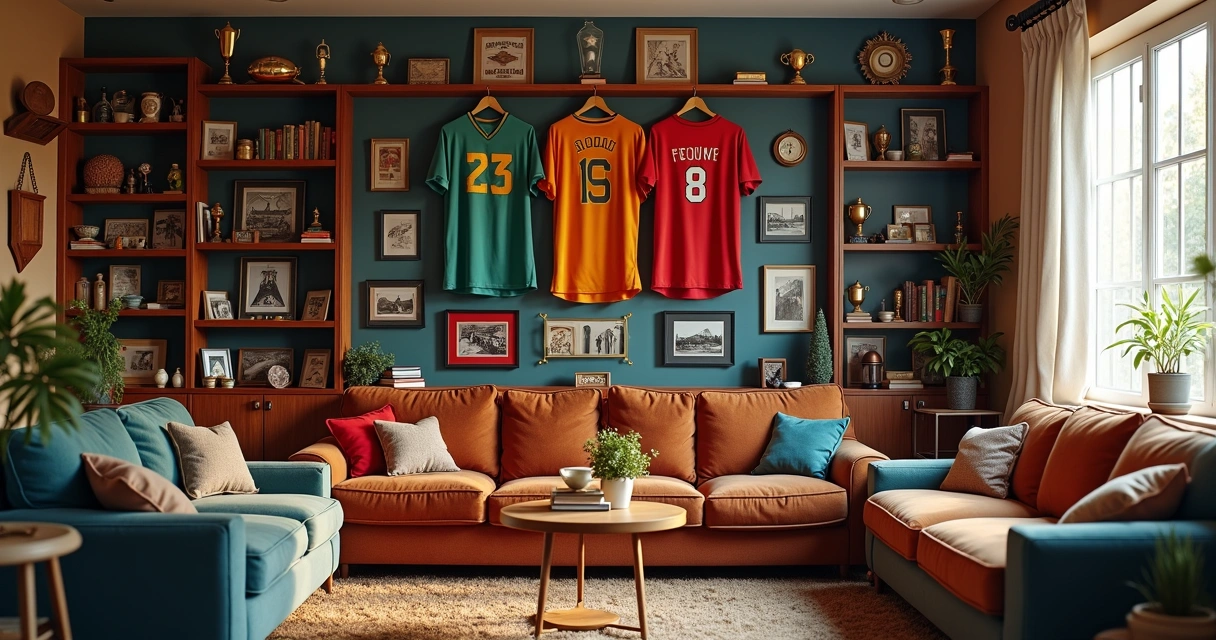 Estante en casa lleno de recuerdos deportivos y camisetas colgadas