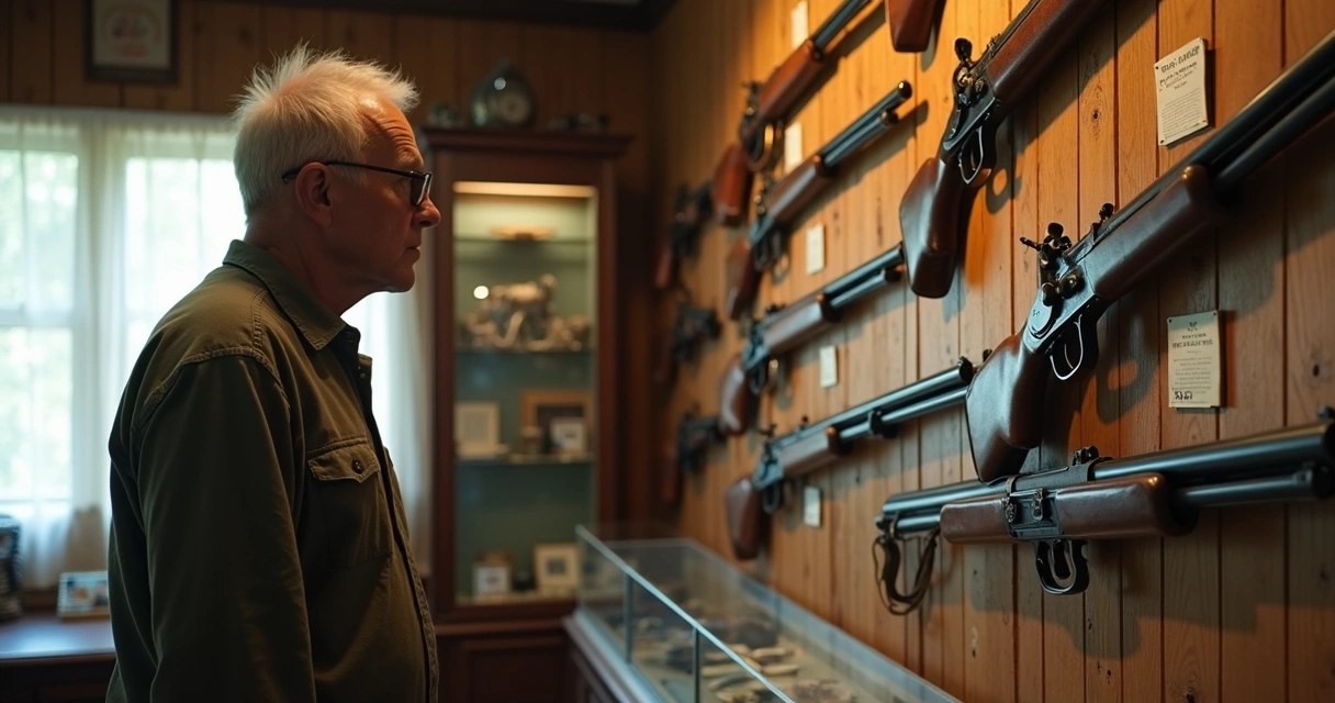 Homem observa coleção de armas antigas em uma parede de madeira