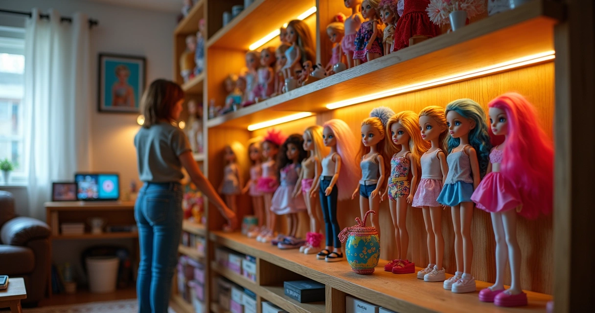 Colecionador organizando coleção variada de bonecas em estante iluminada 