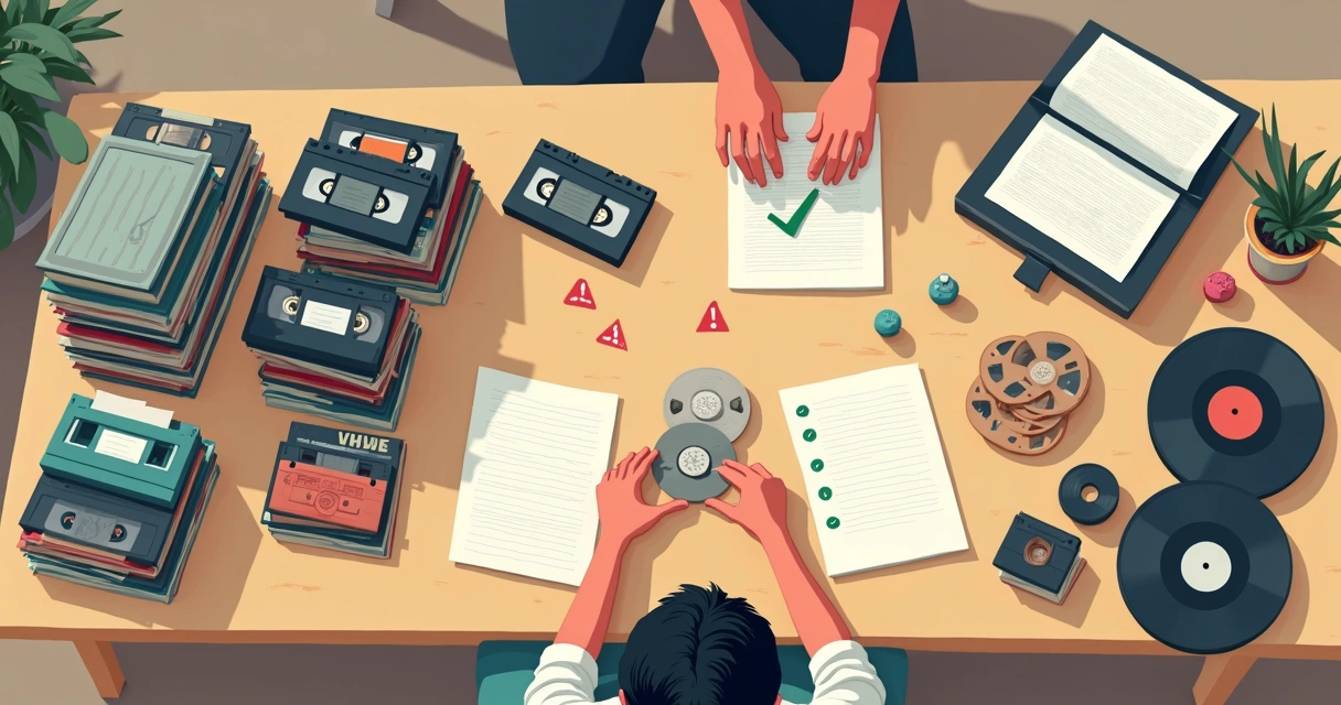 Colecionador organizando mídias antigas sobre a mesa com sinais de alerta 